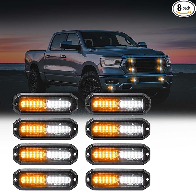 WINECO Amber/White LED Strobe Lights Kit - 8pcs 12-LED Flashing Emergency Warning Lights for Trucks, Cars and Vehicles
