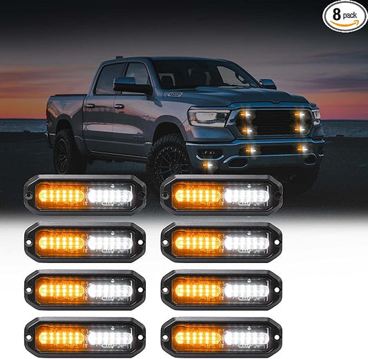 WINECO Amber/White LED Strobe Lights Kit - 8pcs 12-LED Flashing Emergency Warning Lights for Trucks, Cars and Vehicles