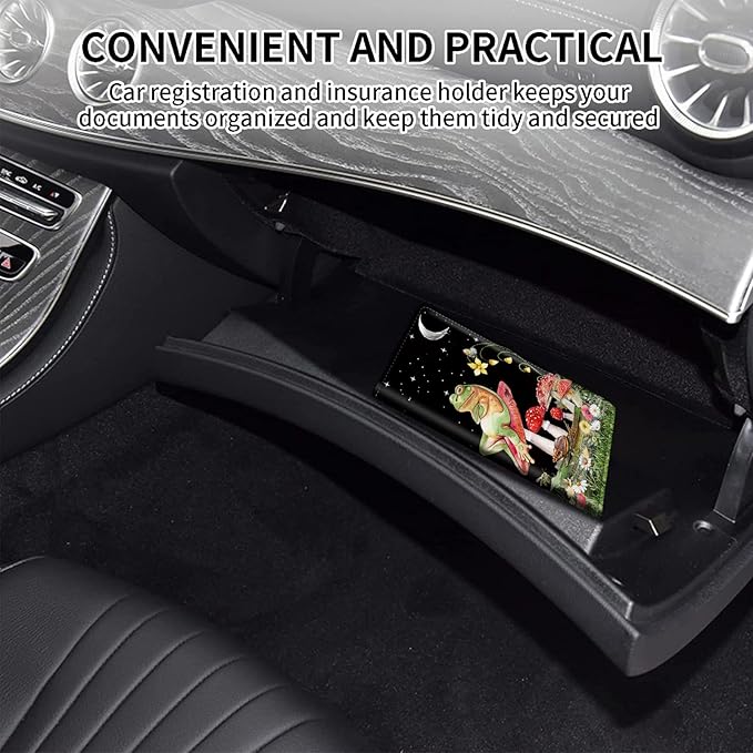 Car Registration and Insurance Card Holder, Premium PU Leather Vehicle Wallet Cover for Glove Box Car Organizer Drivers License/Cards/ID Essentials Document Holder, Aesthetic Mushroom Frog