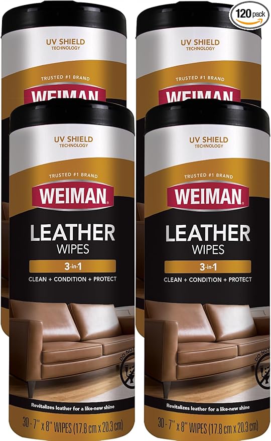 Weiman Leather Cleaner Wipes - Clean Condition UV Protection Help Prevent Cracking or Fading of Furniture, Car Interior, Couch, and Shoes, 4 Pack