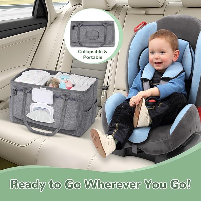 Diaper Caddy with Wipe Dispenser One-Handed Access, Premium Diaper Organizer, Portable Car Organizer Nursery Basket for Newborn Essentials, Baby Registry Must Haves for Boys & Girls,Grey