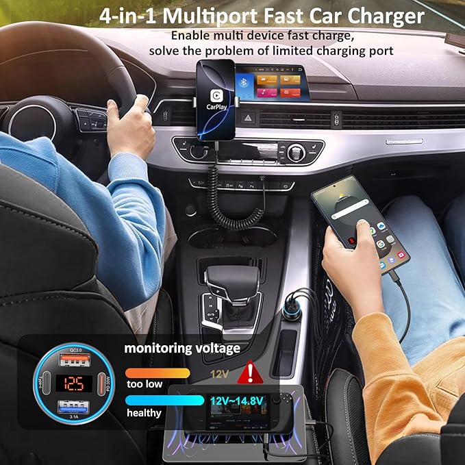 Car Charger USB C, 65W Dual 12V Car USB Charger Multiport with Voltage Display PD/QC 3.0 Super Fast Charge Cigarette Lighter Adapter for iPhone 17 16 15 14 13 12 Pad Pro Air(Gray)