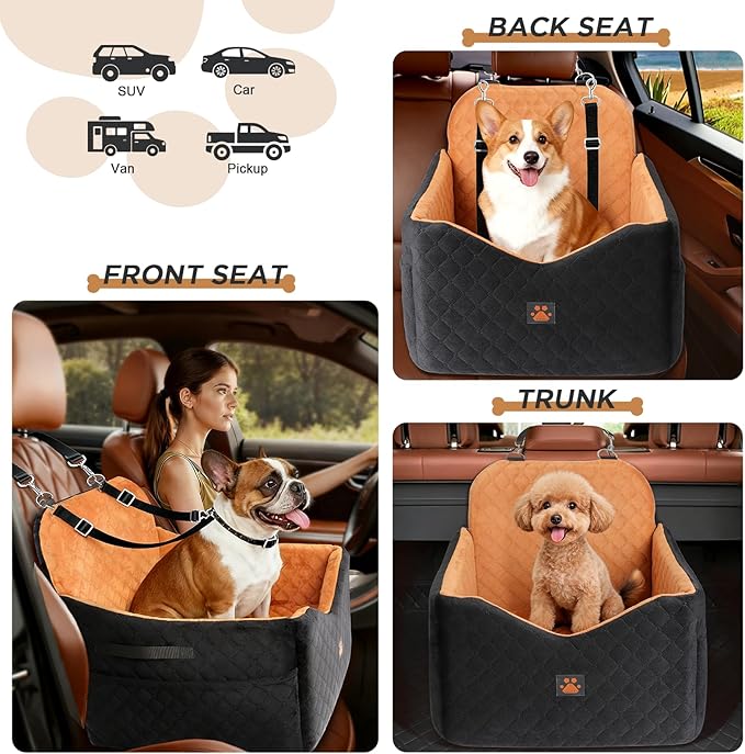 Dog Car Seat for Small/Medium Dogs Up to 35lbs, Puppy Car Seat with Thick Cushion, Detachable Washable Dog Carseat with Storage Pockets, 2 Safety Belts (Brown)