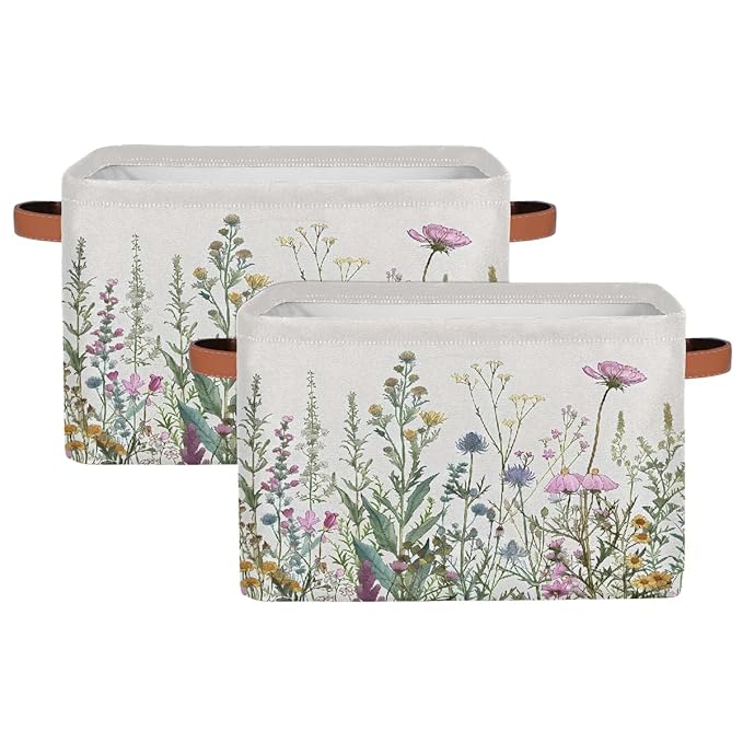 Wildflowers Plants Storage Baskets for Organizing, Fabric Collapsible Storage Bins Box Spring Esthetical Decorative Toy Organizer Baskets for Closet Shelves Gift Basket 2Pcs