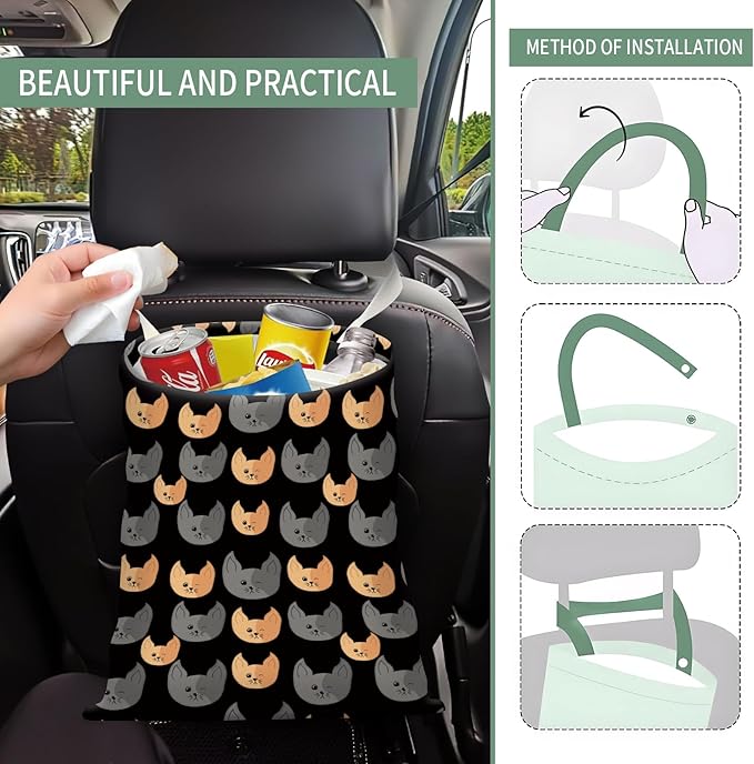 Cute Car Trash Can, Hanging Canvas Car Back Seat Organizer and Storage Bag, Funny Car Trash Bag for Travelling, Outdoor Funny Grey Yellow Cats