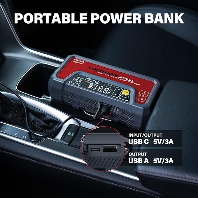 LOKITHOR JP400 Jump Starter with Air Compressor, 2500A 12V Portable Car Battery Booster Pack (8.5L Gas/6.5L Diesel) with ConnectMax Tech, 150PSI Tire Inflator, Auto-Shutoff & Dynamic Dwell (Red)