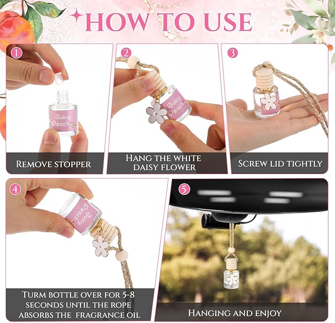 Siifert 2 Sets Hanging Car Air Freshener and Essential Oil Diffuser, Car Air Freshener Daisy Essential Oil Diffuser Long Lasting Automobile Aromatherapy(White,Juicy Peach)
