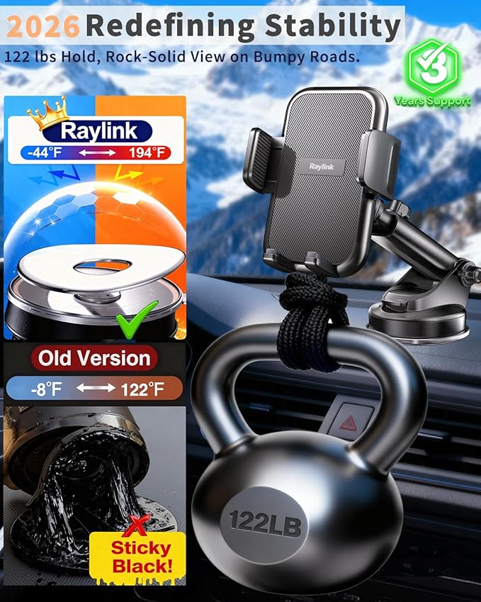 RayLink【2026 True Military-Grade Car Phone Holder【Upgraded Strongest Suction & Clip】 Universal Cell Phone Mount Truck Stand for Dashboard Windshield Vent for iPhone 17 Pro Max 16 15 Samsung