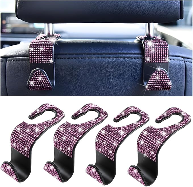 Mandark 4PCS Bling Car Seat Headrest Hooks, Crystal Rhinestone Vehicle Seat Back Hanger for Grocery Purses Handbags, Diamond Auto Seatback Storage Organizer Hanger, Universal for Most Cars (Pink)