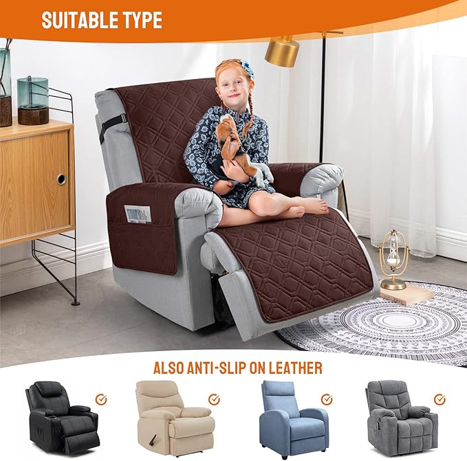 VANSOFY 100% Waterproof Recliner Chair Covers, Recliner Cover Non-Slip Dog Chair Cover Furniture Protector Washable Slipcover with Pocket, Elastic Straps for Pets, Dogs(Coffee, 28")
