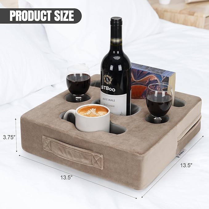 STBoo Couch Cup Holder Pillow Tray - Sofa Drink Cup Holder Cozy Buddy | Bed Caddy Organizer for Remote, Snacks Beverage, Phones, Tablet | Use it on Car, Pack, Beach, RV, Boat, Bedroom (Light Brown)