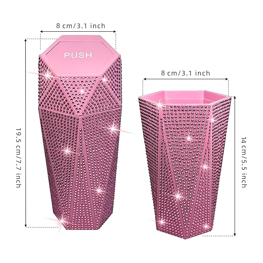 NBTEPEM 2 PCS Bling Car Trash Can with Lid, Bling Car Accessories Trash Bin, Leakproof Auto Garbage Can with 60 Trash Bags, Multipurpose Organizers and Storage for Home, Office (Pink Diamond)