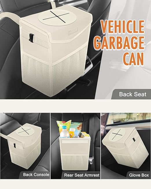 Car Trash Can with Lid, Cute Leakproof Car Trash Garbage Bag Hanging Vehicle Trash Bin Small Portable Automotive Garbage Cans Organizer for Back/Front Seat(Trapezoid,Ivory