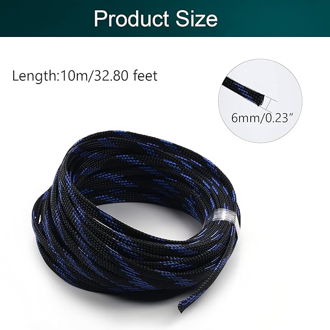 Aicosineg Cable Sleeve Braided Sleeving PET Wire Loom Tubing Cable 32.81ft-1/4inches Wrap Protector for HiFi Audio and Video Headphone Cable Protect Wires from Chewing of Pets Black and Blue