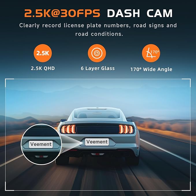 Dash Cam, 2.5K Dash Cam Front, VEEMENT Dash Camera for Cars, 1440P Car Dash Camera with APP, WiFi Dash Cams with WDR Night Vision, 24/7 Parking Monitor Dashcam, 160°Wide, G-Sensor, Mini Car Camera