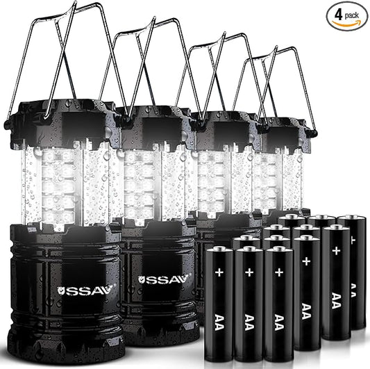 4 Pack LED Camping Lantern, LED Lanterns, Suitable Survival Kits for Hurricane, Emergency Light for Storm, Outages, Outdoor Portable Lanterns, Black, Collapsible | Batteries Included