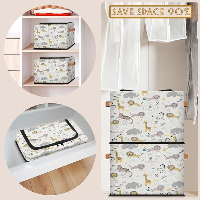 Large Toy Box Collapsible Storage Bins with Lids Closet Storage Baskets for Organizing Shelves Nursery Toy Storage Organizer Boxes for Kids, Boys, Girls (Cute Zebra Giraffe Lion Elephant Animal)