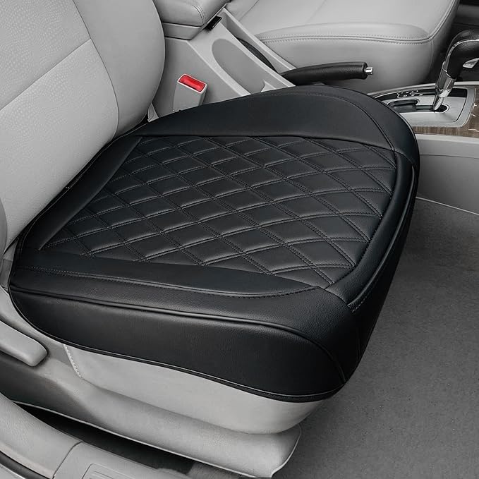 BEITK 1 Pack Leather Front Car Seat Cover Bottom Car Seat, Anti-Slip and Full Wrap Driver Car Seat Protectors, Luxury Waterproof Bottom Auto Seat Cushion Pad Mat for Most Vehicles(Black)