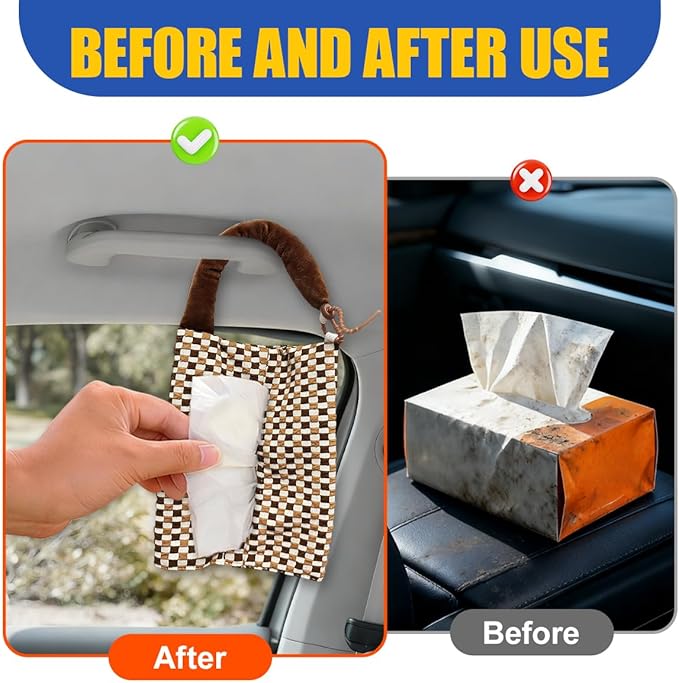 Car Tissue Holder, Checkered Pattern Car Backseat Napkin Holder, Rectangular Canvas Hanging Auto Tissues Box, Universal Vehicle Storage Organizer Accessory for Phone, Small Items (Coffee)