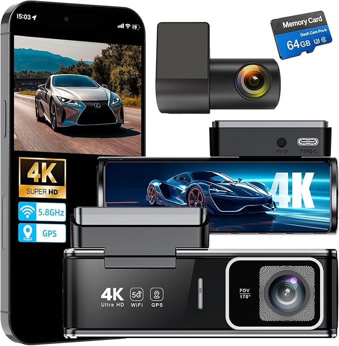Dash Cam Front and Rear,4K+1080P Dual Channel Car Camera with Night Vision,Mini Dash Cam with 3.59" IPS Screen,5.8GHz WiFi,GPS,24H Parking Mode,G-Sensor,Loop Recording,U3 High Speed 64GB Card Included