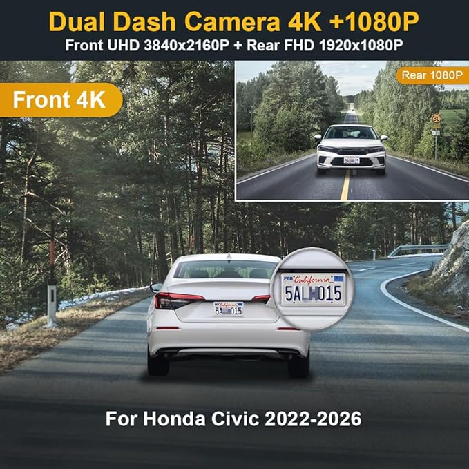 Fitcamx Front 4K+Rear 1080P Dash Cam Adapts for Honda Civic 2022-2026 Type R Si (Black Cover), Integrated OEM Style, Dual HD Video, WiFi & APP, Loop Recording, G-Sensor, Easy to Use, 128GB Card