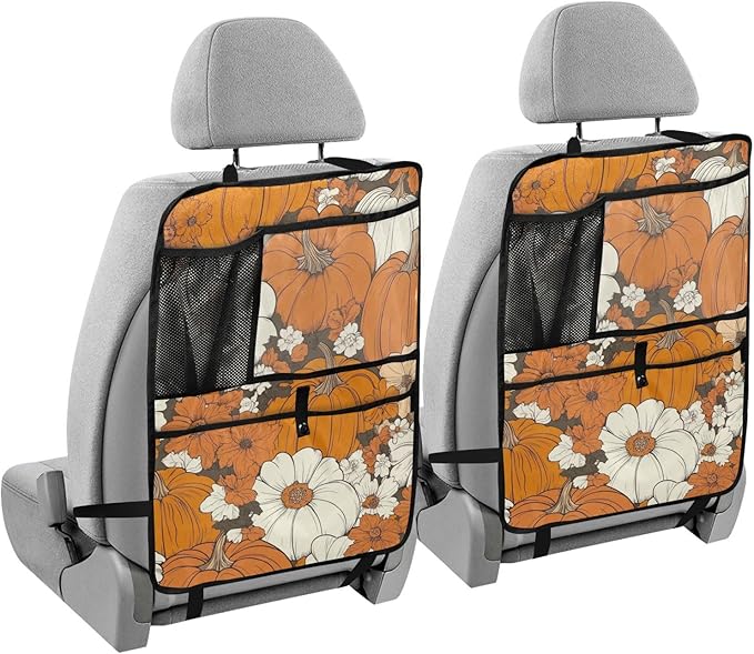 Thanksgiving Pumpkins Flowers Orange 2 Pack Backseat Car Organizer with Storage Pockets Seat Back Organizers for Kids Kick Mats Backseat Protector Automotive