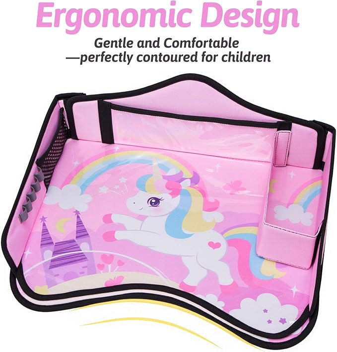 OUOZZZ Kids Travel Tray for Car - Girl's Safety Seat Table, Toddler Road Trip Essentials - Carseat/Airplane Lap Desk with Weight-Relief Strap, Non-Skid Silicone Base, Waterproof Dining/Craft Mat