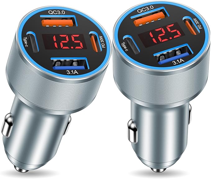 USB C Fast Car Charger, 2Pack 4-Port Fast Charging Car Charger with Voltage Display, Type C Car Chargers for Multiple Devices,USBC Phone Adapter for iPhone 17 16 15 Pro Max,Galaxy,iPad,Pixel,Android