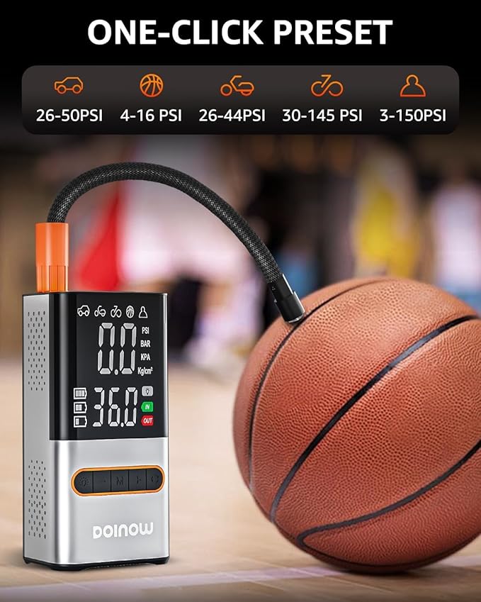 Tire Inflator Portable Air Compressor Cordless Mini Bike Pump with Digital Dual Values Display, 150 PSI Car Tires Air Pump with LED Lights&Pressure Gauge for Auto, Motorcycles, Bikes, Balls
