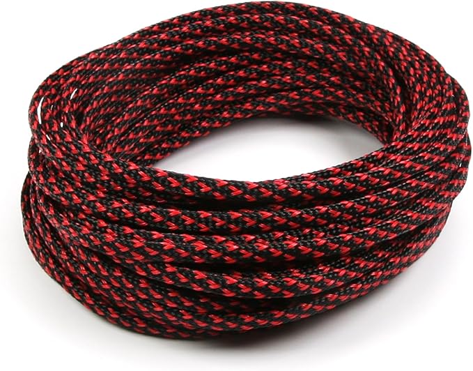 Aicosineg 32.81ft PET Flexible Braided Cable Sleeve 0.16inch Width Wire Loom Sleeving and Organizer Flexible Wire Mesh Sleeve Wrap Protector for TV Audio PC Cords from Pets Chewing Black and Red