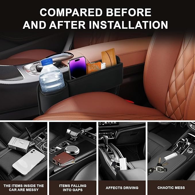 Car Seat Gap Filler Organizer for Toyota RAV4 2019-2025, Leather Seat Gap Storage Box with Cup Holder Phone Keys Glasses Cards Drinks Small Items Interior Accessories,Black