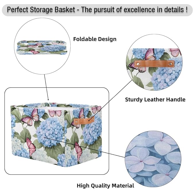 Blue Hydrangea Flowers Storage Baskets for Organizing, Fabric Collapsible Storage Bins Box Pink Butterfly Decorative Toy Organizer Baskets for Closet Shelves Gift Basket 1 Pc
