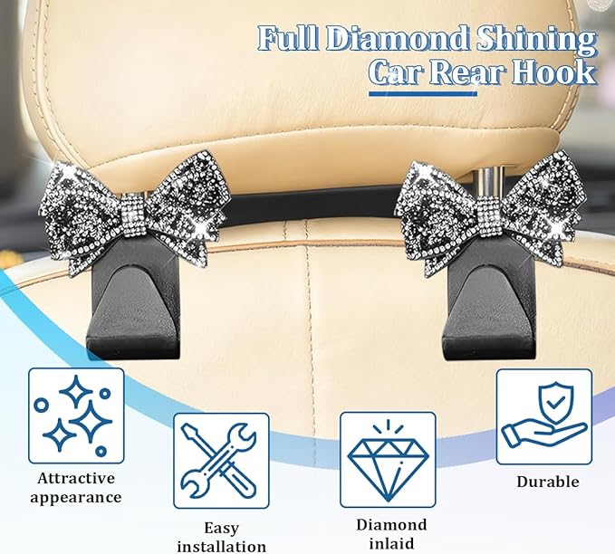 2PCS Bling Bow Car Seat Headrest Hook, Lovely Crystal Rhinestone Back Seat Storage Organizer for Handbag Purse Coat, Girly Sparkling Diamond Backseat Bag Hanger Holder, Universal Fit (Black)