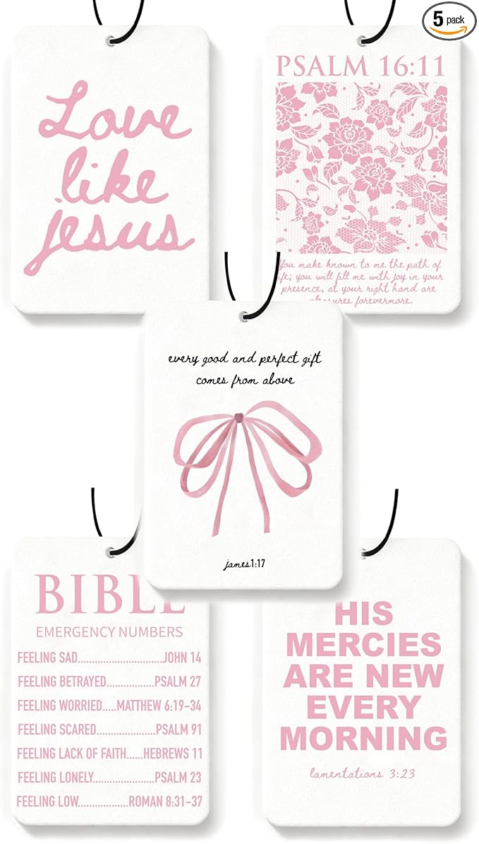 Christian Car Air Freshener Pink Cute Girly Inspirational Coquette 5Pcs Jesus Bible Verses Bow Accessories Car Interior Hanging Scents Mirror Decor Gifts for Women Girls