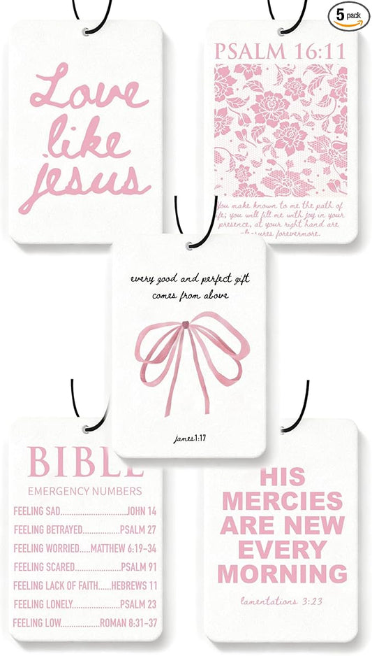 Christian Car Air Freshener Pink Cute Girly Inspirational Coquette 5Pcs Jesus Bible Verses Bow Accessories Car Interior Hanging Scents Mirror Decor Gifts for Women Girls
