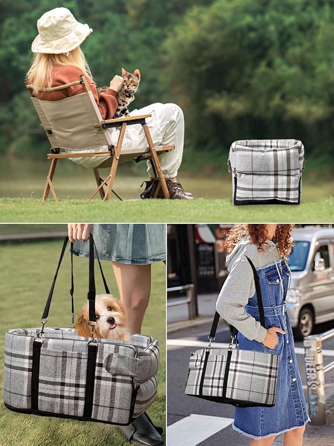 Prpeko Small Dog Car Seat, Portable Dog Seat with Soft Washable Cushion,Center Console Dog Car Seat for Small Dogs Up to 13lbs(Grid Grey)
