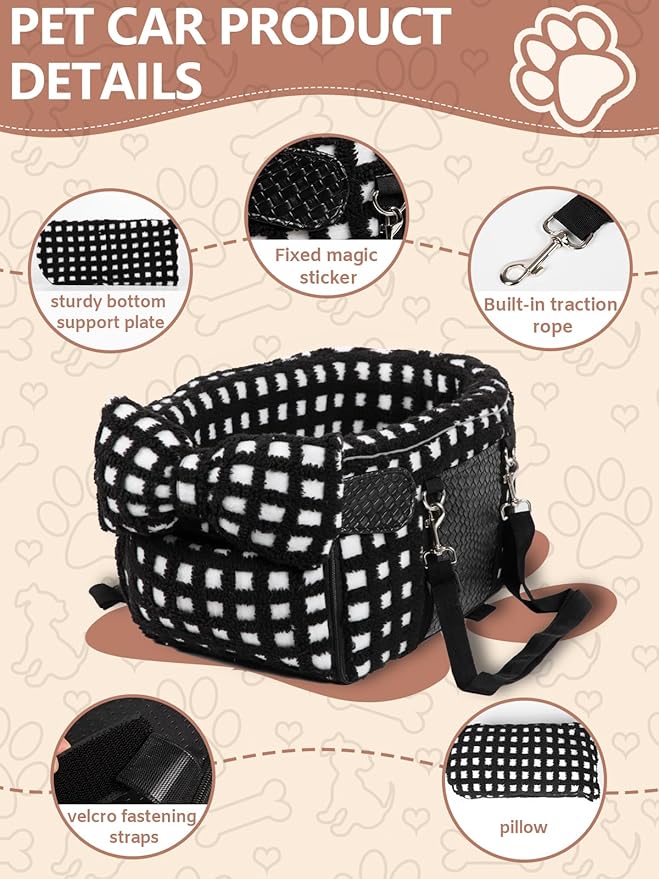 Prpeko Portable Dog & Cat Car Seat - Under 13 lbs, With Cozy Bow Neck Pillow (Grid-Black)