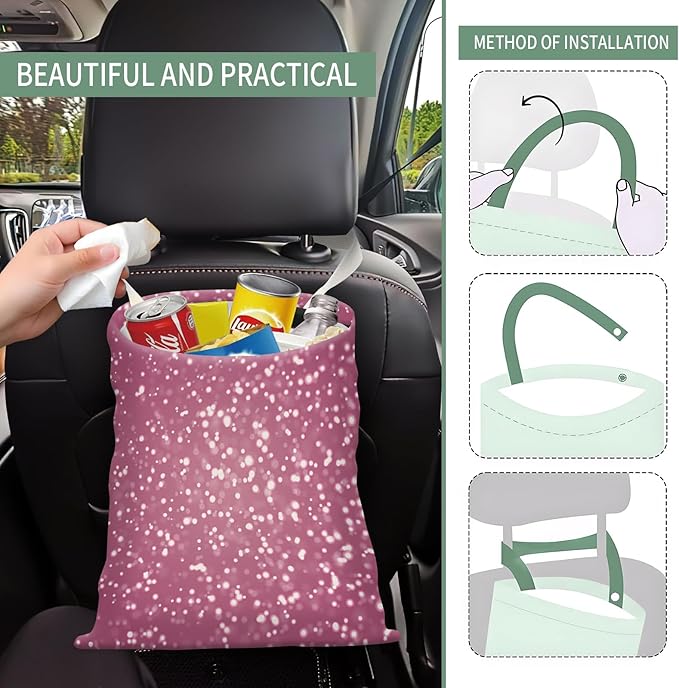 Cute Car Trash Can, Hanging Canvas Car Back Seat Organizer and Storage Bag, Funny Car Trash Bag for Travelling, Outdoor Cute Pink Glitter Print