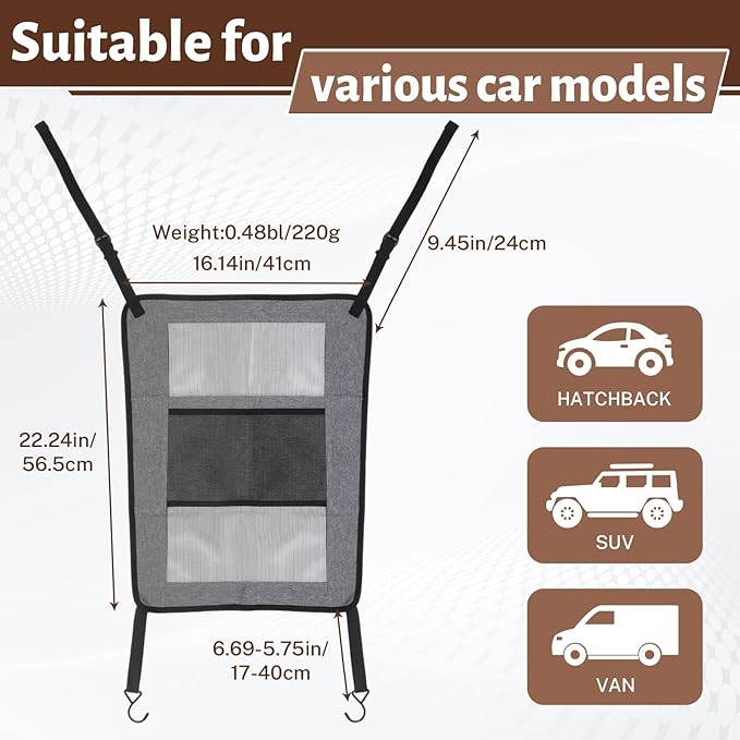 Dog Barrier for SUV, Car Net for Dogs with Adjusting Rope and Hook, Sturdy Mesh Backseat Car Divider for Small and Medium-Sized Dogs (Gray)