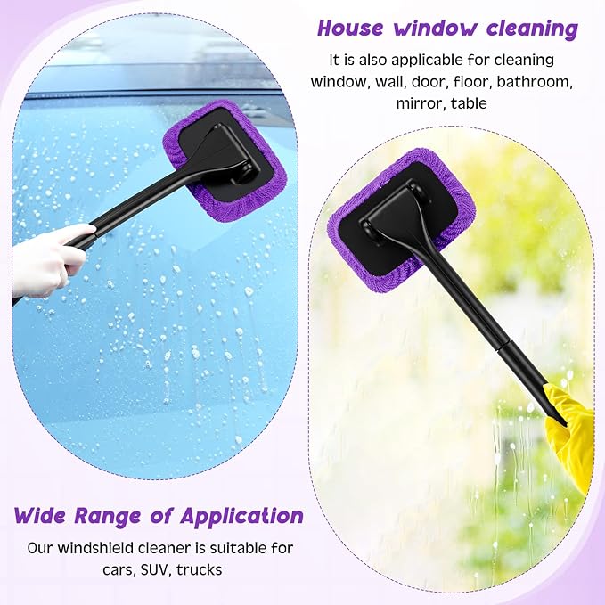 FoldTier 8 Pcs Car Windshield Cleaner Tool Kit with Removable Handle, Microfiber Towel Pads, Brush, Empty Spray Bottle for Auto Glass Wiper Suvs Rvs & Home Windows(Purple)