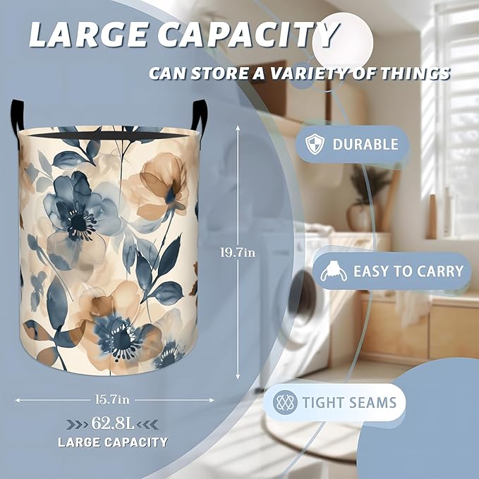 Elegant Blue Beige Flowers Watercolor Art Laundry Basket with Handles, 19.7"x15.7" Clothes Foldable Laundry Hamper Organizer for Dorm Nursery Bedroom Bathroom Decor, Toy Storage Bin for Kids