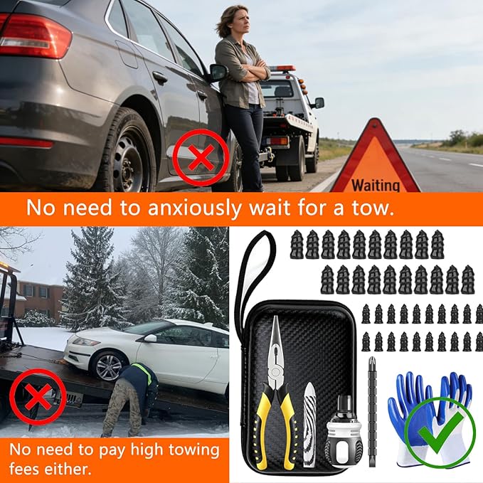 Tire Screw Plug Repair kit - No Need to Remove The tire, tire sidewall Repair kit, Patch Plug Tool and Portable Storage Bag - Quick Flat tire Repair for Cars, Trucks, Motorcycles and SUV