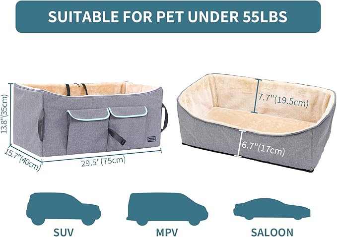 Petsfit Dog Car Seat for Large Dogs, Pet Travel Dog Booster Seat with 2 Safety Belt, Washable Double-Sided Cushion and Storage Pocket for Medium Dogs (Large, Light Grey)