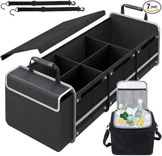 Car Trunk Organizer with Insulated Cooler Bag, Foldable & Waterproof Storage Organizer with Lid for SUV, Truck, Sedan - 4 Large Adjustable Compartments, Heavy Duty & Collapsible Design