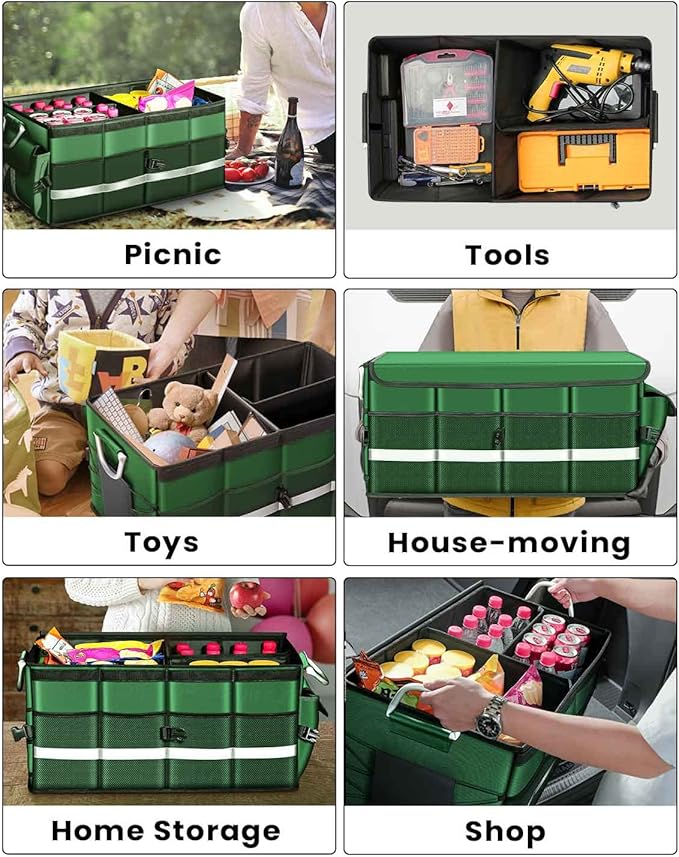 Car Trunk Organizer, Car Storage Organizer with Waterproof Bag Collapsible Multi Compartment Organizer for Car, Suv, Sedan, Truck, Aluminium Handle (Green, Large 66L)