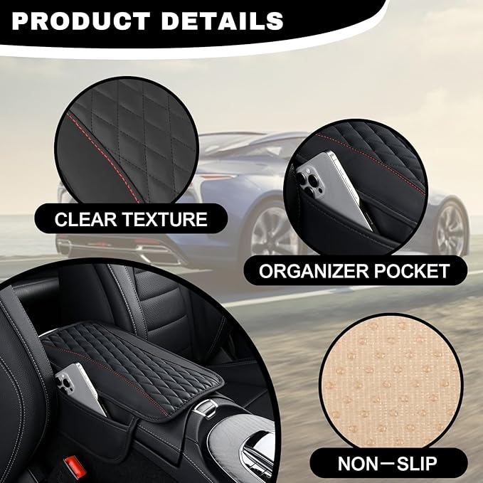 Leather Car Center Console Cover with Side Pockets, Upgraded Arm Rest Cover for Car Seat Organizer, Middle Console Cover Stylish Car Decoration, Universal for Most Vehicles (Black)