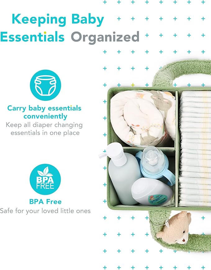 YOSING Diaper Caddy Organizer with 13 Pockets & Removable Dividers - Portable Baby Storage Basket for Nursery, Car Travel & Newborn Essentials, Green+ White