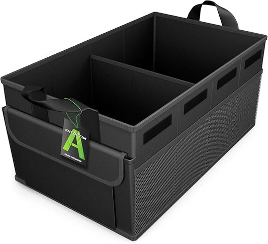 Car Trunk Organizer - 50L Collapsible Car Organizer with Non Slip Bottom for Groceries, Trunk Storage with Base Panel for SUV Sedan Van, 2 Compartments (Black, Small)