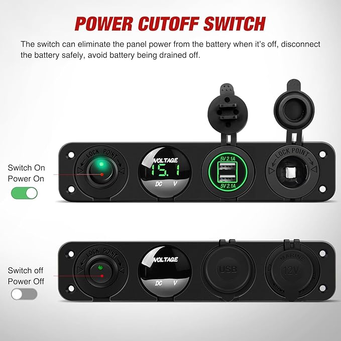 Nilight 4 in 1 ON Off Charger Panel Dual USB Power Outlet Green LED Voltmeter and Cigarette Lighter Outlet LED Lighted On-Off Rocker Toggle Switch for Truck Car Marine Boats RV