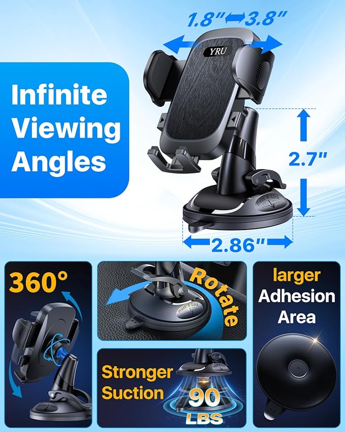 [Military-Grade Anti-Shake & 360° Rotatable Suction] 2026 Upgraded Car Phone Holder Mount【90+LBS Safest Strongest & Patent Certs】Dashboard Windshield Vent for iPhone 17 16 Pro Max Samsung,Matt Black